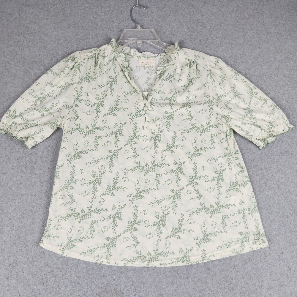 Melloday Blouse Top Womens Small Green Floral Puff Sleeve Ruffle Trim Popover